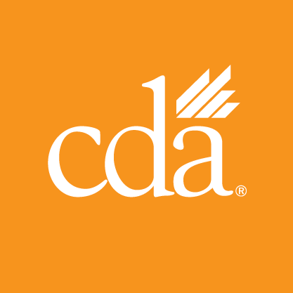 California Dental Association (CDA) logo featuring white lowercase text and a stylized multi-leaf wing icon on a solid orange background.