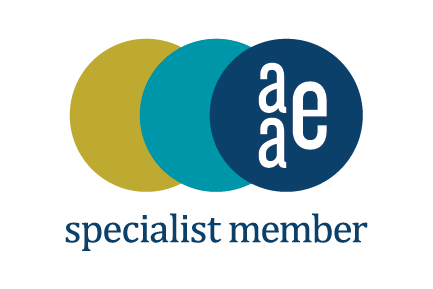 American Association of Endodontists (AAE) Specialist Member logo with three overlapping yellow, teal, and navy circles with white lettering.