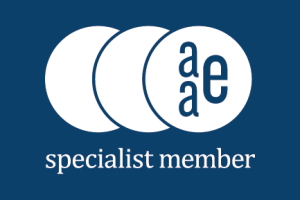 American Association of Endodontists (AAE) Specialist Member logo featuring three overlapping white circles with blue lettering on a solid dark blue background.