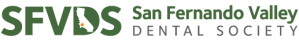 San Fernando Valley Dental Society logo featuring bold green SFVDS lettering with an outline map of California inside the letter V, alongside grey descriptive text.