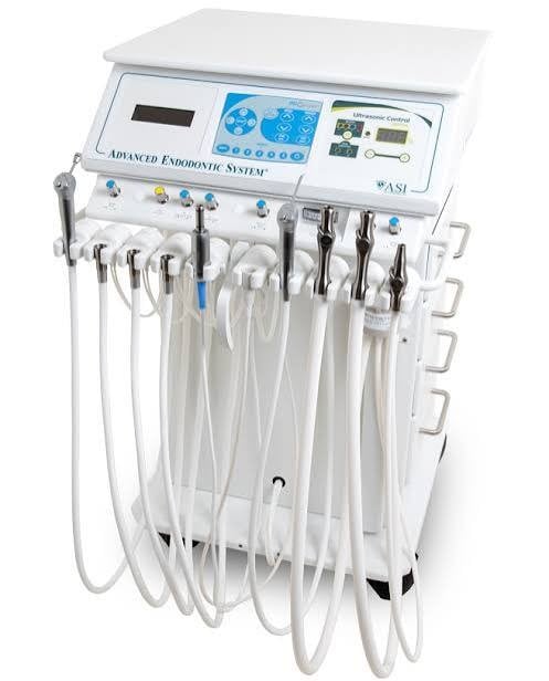 ASI Advanced Endodontic System mobile delivery cart equipped with multiple handpiece holders, integrated control panel, and hanging tubing.