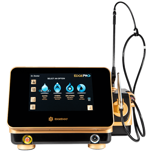 EdgeEndo EdgePRO endodontic laser system featuring a touchscreen digital display and attached handpiece tubing.