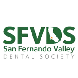 Square version of the San Fernando Valley Dental Society (SFVDS) logo with green lettering and a California map silhouette.